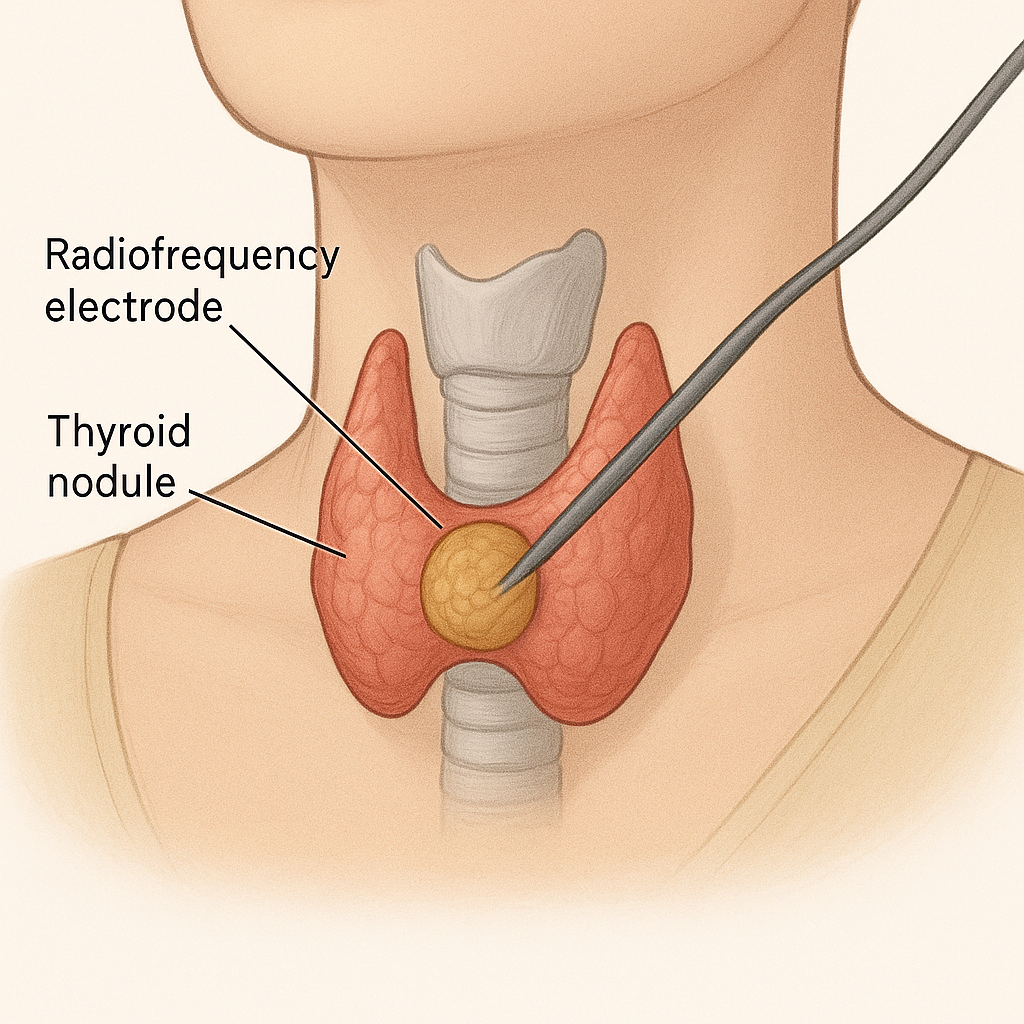 고주파 열치료는 고주파 전류로 발생한 열을 이용해 갑상선 결절이나 미세암 조직을 태워 괴사시키는 비수술적 치료법입니다. 일러스트로 표현하였습니다.