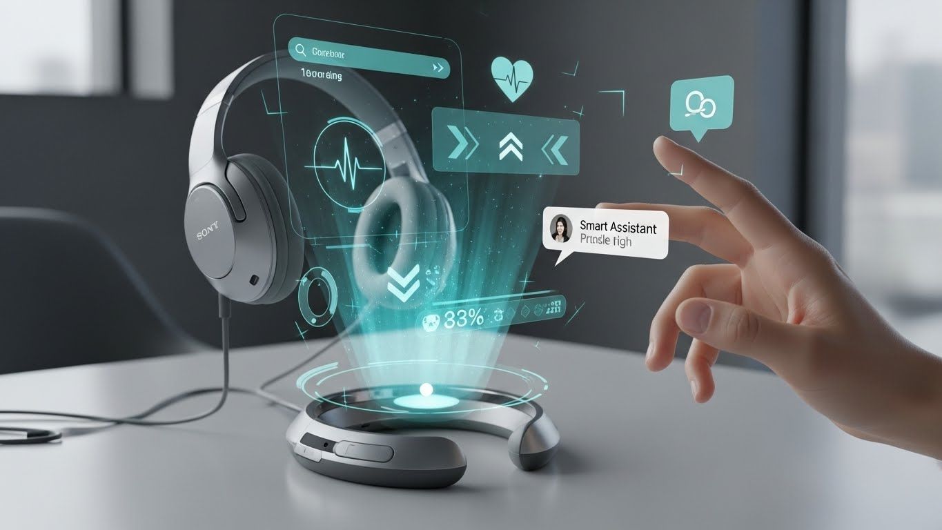 사용자가 착용하는 미래형 소니 헤드폰에서 유래한 홀로그램 디스플레이 또는 증강 현실(AR) 인터페이스를 묘사한 개념적 이미지입니다.