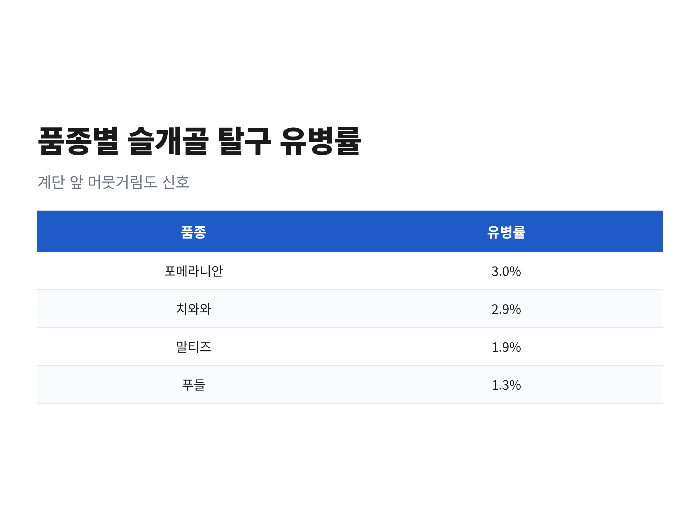 포메라니안·치와와·말티즈·푸들의 국내 진료기록 기준 슬개골 탈구 유병률을 정리한 표