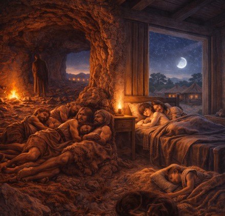 인간이 공동 수면에서 벗어나 개인과 가족 단위의 잠자리 공간을 분리하며 생활 방식과 사적 영역을 형성해 간 과정을 표현한 그림입니다.