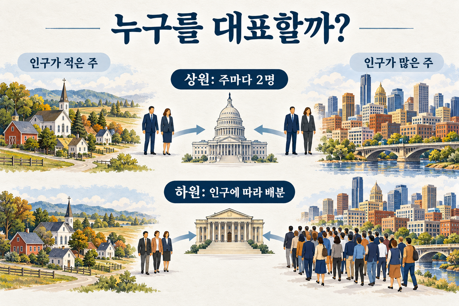 인구가 다른 두 주의 상원 동등 대표와 하원 인구 비례 대표를 비교한 그림