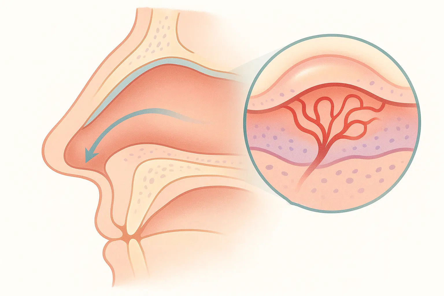 콧속 점막 단면을 확대해 키셀바흐 혈관총 모세혈관 다발