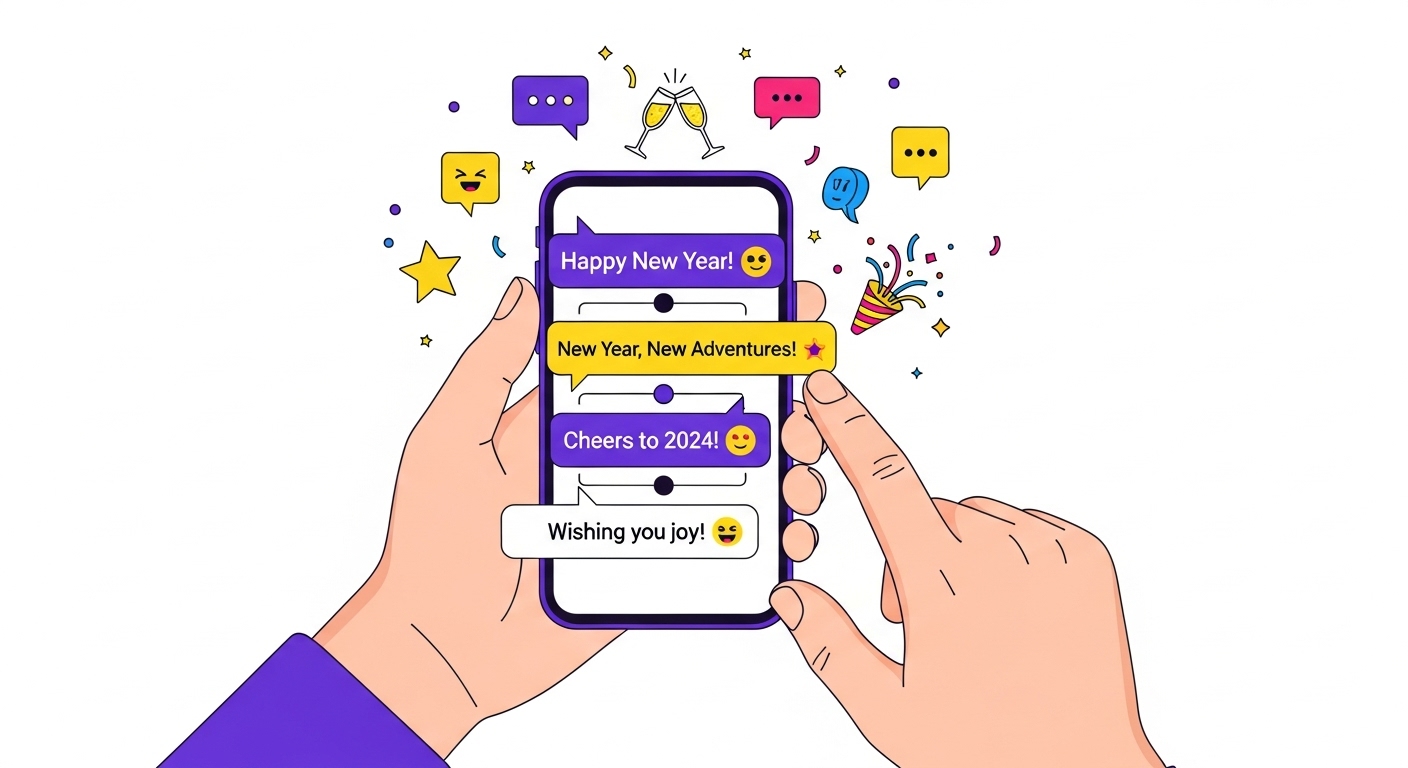 스마트폰 화면에 짧고 센스 있는 새해 인사말 메시지들이 여러 이모티콘과 함께 표시된 모습.