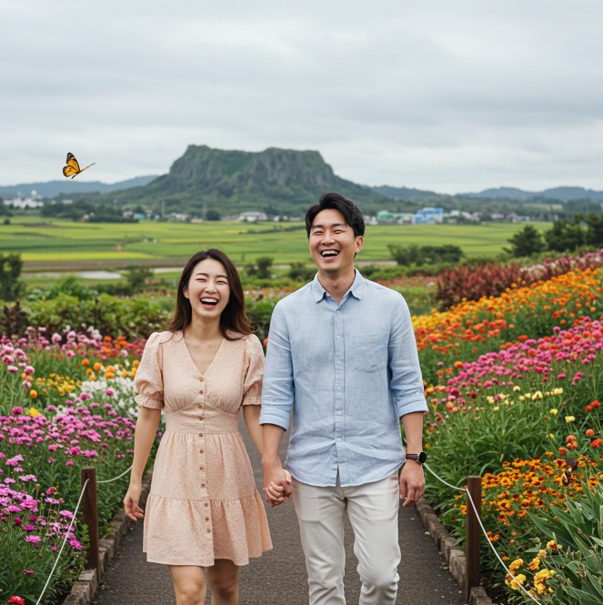 연인이 제주도에서 행복해하는 이미지