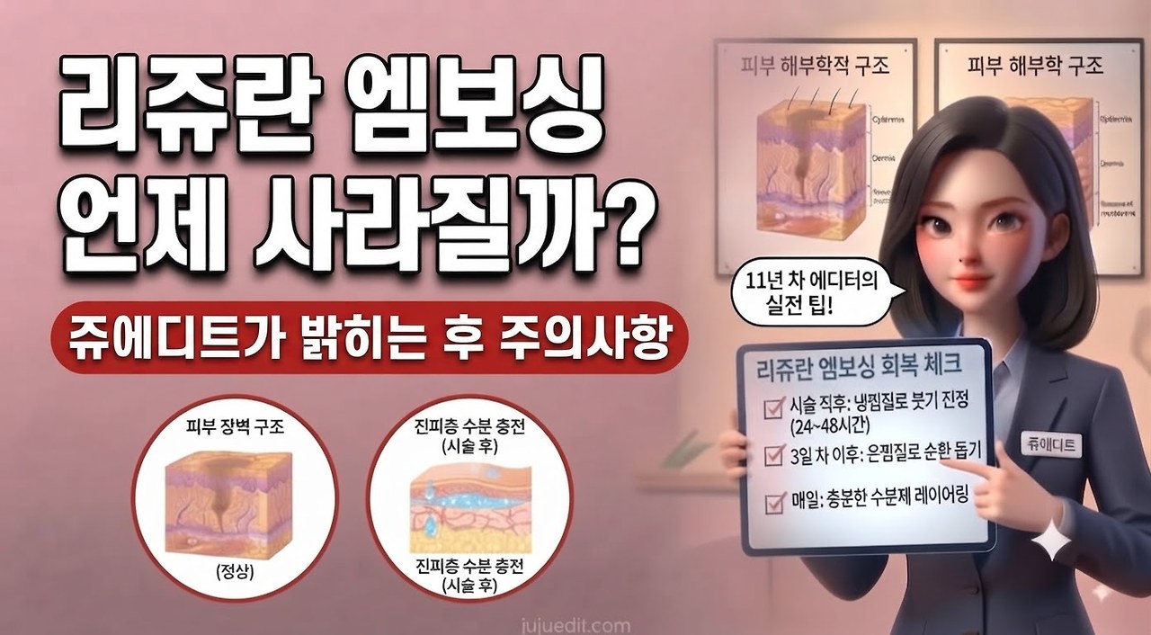 리쥬란 엠보싱 지속 기간과 진피층 수분 충전 원리, 회복 체크리스트가 포함된 시술 후 주의사항 이미지