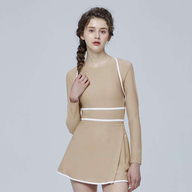 여성 원피스 체형커버 빅사이즈 수영복 멀티텐션 3PCS 세트 (가디건+스커트) 베이지