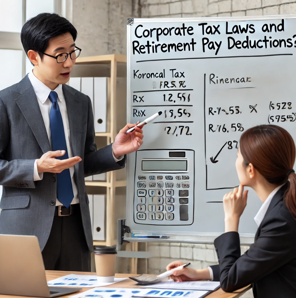 퇴직급여 공제 및 법인세법을 설명하는 금융 컨설턴트 장면