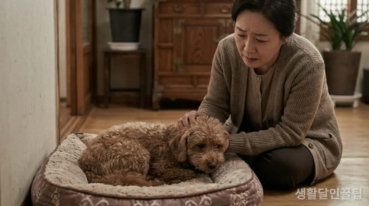 몸이 안 좋은 듯한 반려견을 걱정하며 바라보는 한국인 반려인