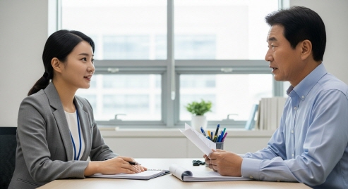 보호자와 상담 중인 사회복지사&amp;#44; 실내 사무실&amp;#44; 한국