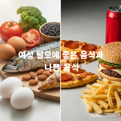 여성 탈모에 좋은 음식과 나쁜 음식을 비교하는 인포그래픽 이미지