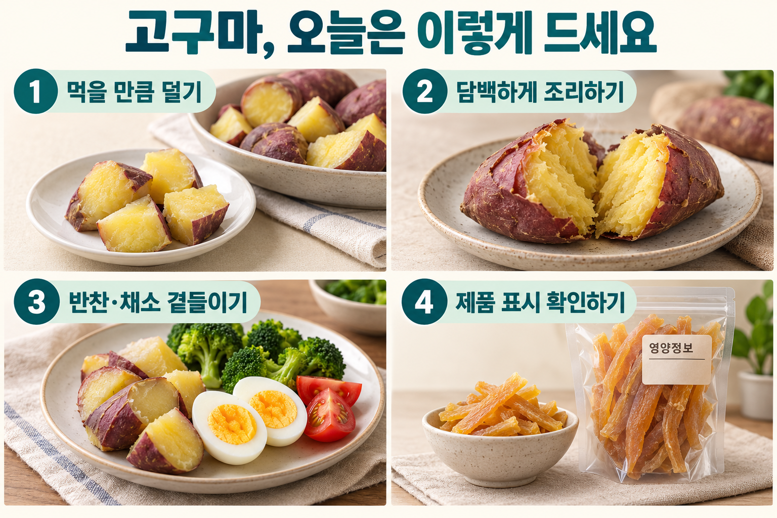 고구마를 먹을 만큼 덜기, 버터&middot;시럽 없이 담백하게 조리하기, 달걀과 채소 곁들이기, 말랭이 제품 표시 확인하기를 네 실사 장면으로 정리.