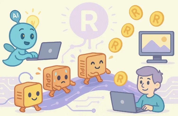 Render Network의 GPU 보상 구조를 표현한 일러스트 이미지.
AI 창작자가 작업을 요청하고, 여러 GPU 캐릭터들이 연산을 처리한 후
성과에 따라 RENDER 토큰을 보상으로 받는 장면이 순차적으로 묘사되어 있음.
각 캐릭터는 생생한 색상으로 구분되어 있으며, 작업 흐름과 보상 분배 구조를 직관적으로 보여줌 (Render token reward, GPU node, AI content generation, Web3 illustration)