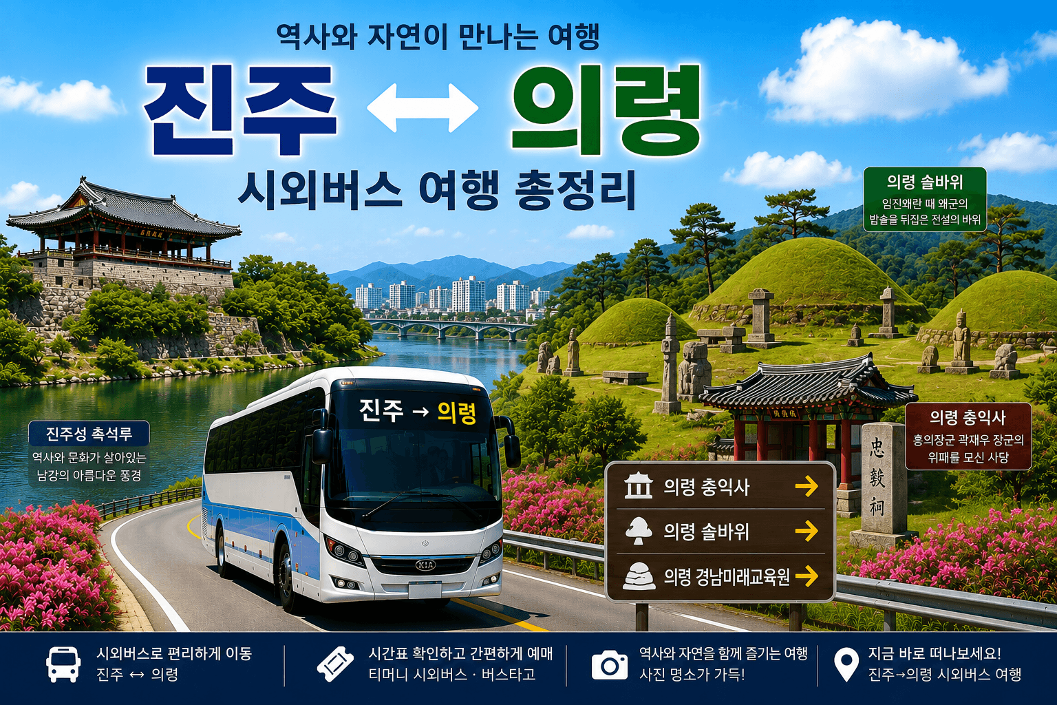 진주와 의령을 오가는 버스와 의령 솔바위