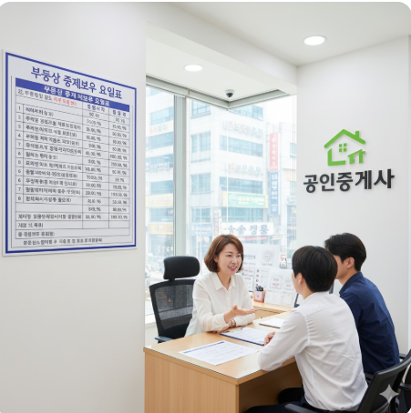 공인중개사 사무소와 법정 중개보수 요율표가 함께 보이는 이미지