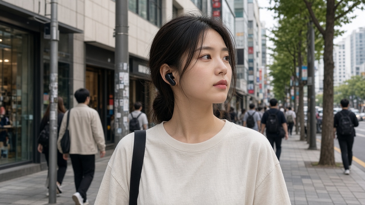 귀 옆 클립형 무선 이어폰을 착용한 20대 한국 여성이 도심을 걷는 모습