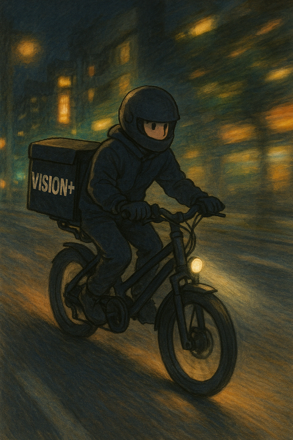 전기자전거를 타고 배달 중인 모습을 만화 스타일로 표현한 이미지. 배달통에는 블로그명 'VISION+'가 자연스럽게 삽입되어 있으며, 실제 투잡 배달러의 모습을 밝고 역동적으로 묘사.