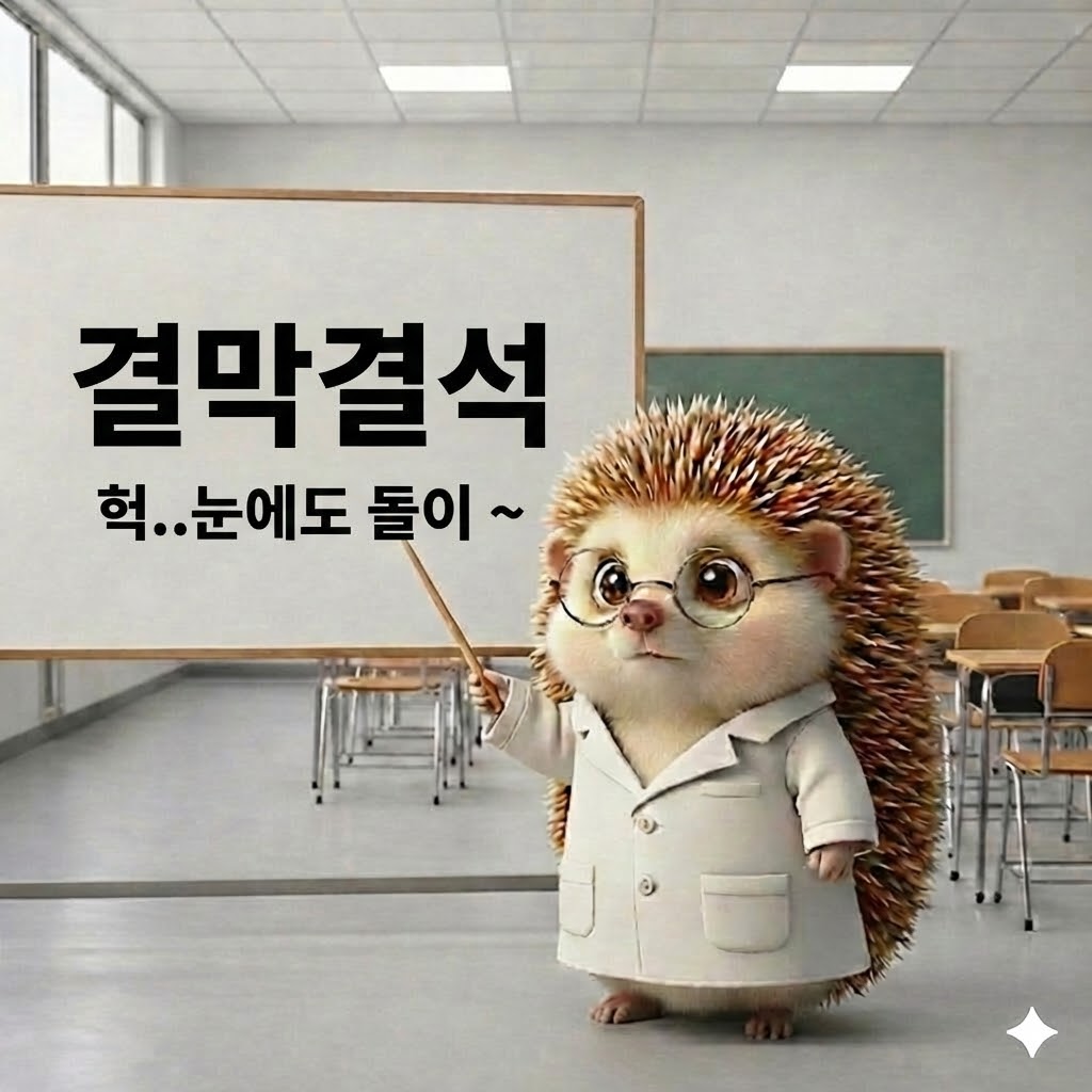 결막에 결석이 생길 수 있음을 설명하고 있는 의사가운을 입은 도치씨 모습