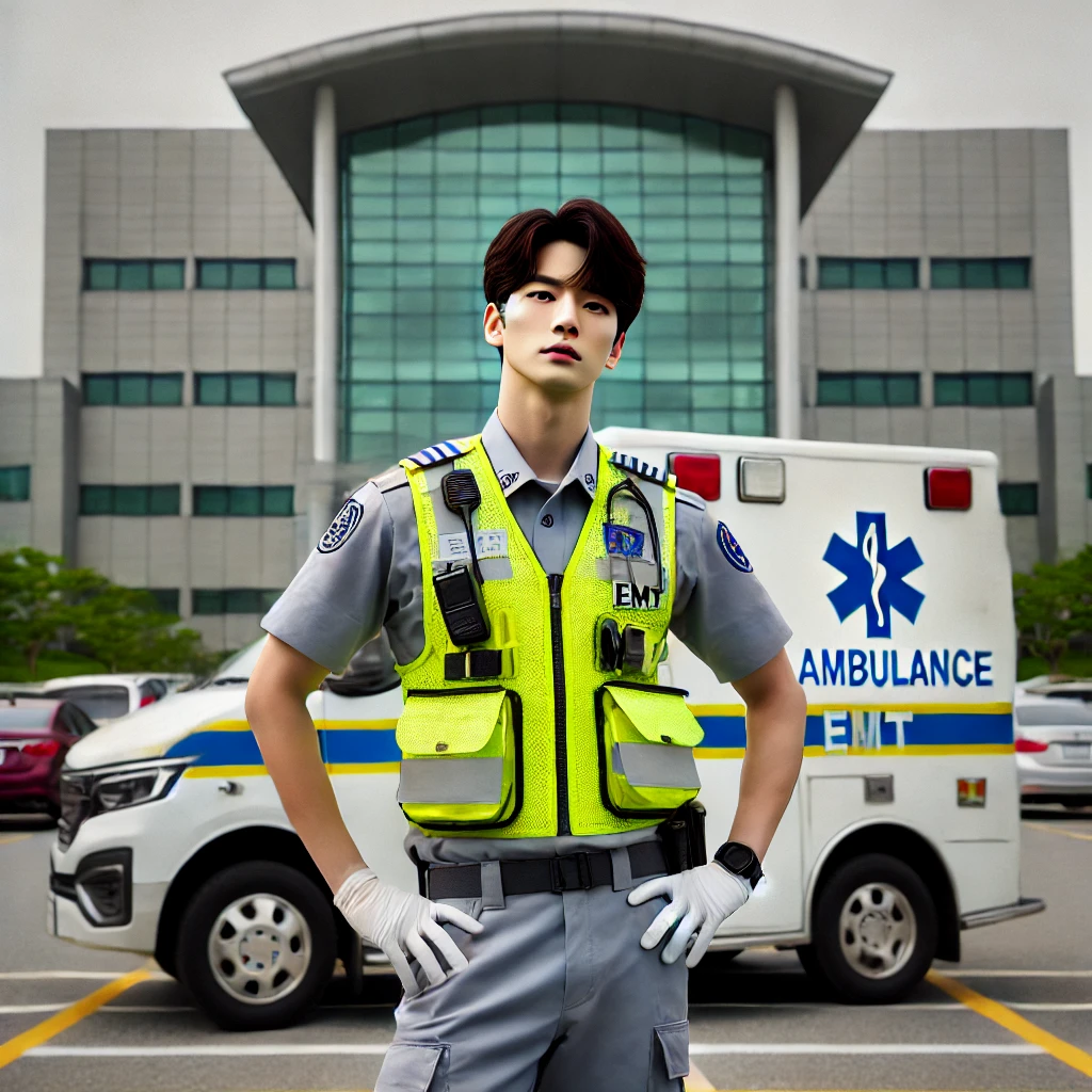 응급구조사가 구급차 앞에서 당당하게 포즈를 취하고 있다