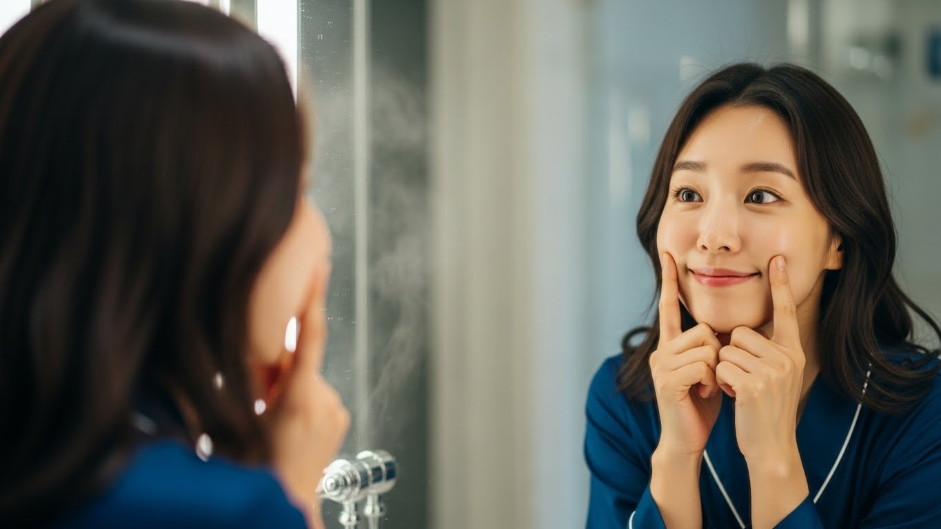 부정적인 감정에서 벗어나기 위해 거울을 보며 억지로라도 미소 짓는 연습을 하는 모습