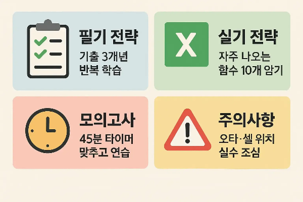 컴활2급자격증 합격을 위한 필기 학습 전략, 실기 함수 암기법, 모의고사 활용, 주의사항 등을 구체적으로 설명한 인포그래픽 이미지입니다.
