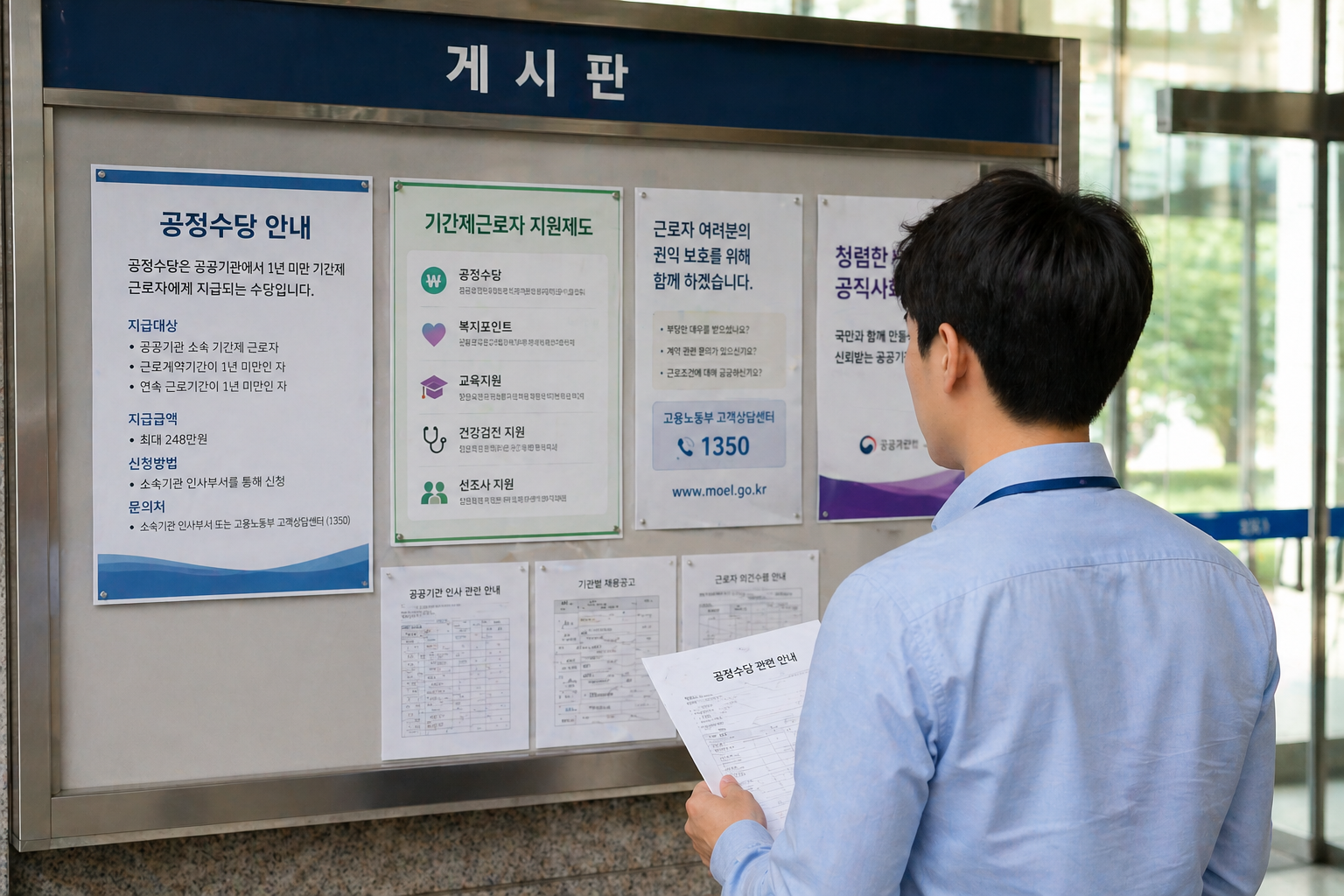 공공기관 게시판에서 안내문을 확인하는 모습