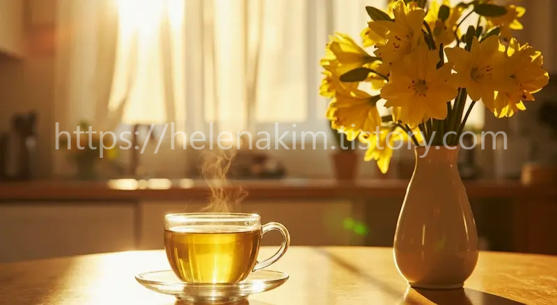 캐모마일 차 한 잔과 후리지아 꽃.