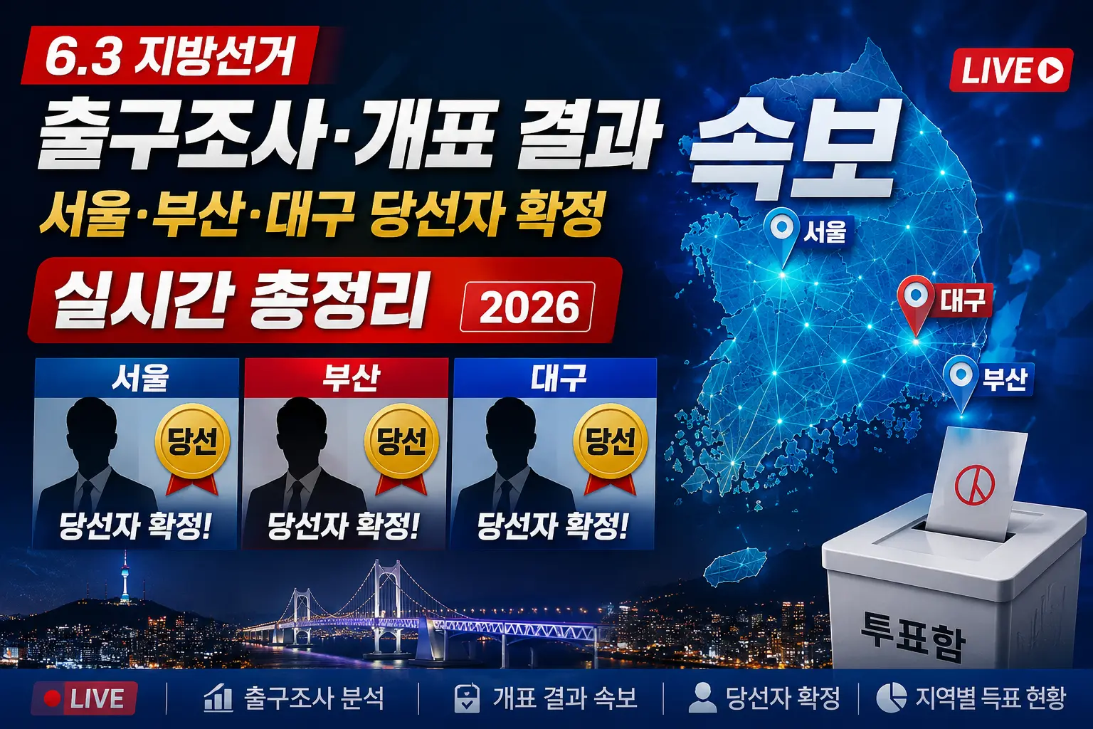 6.3 지방선거 출구조사&middot;개표 결과 속보 &mdash; 서울&middot;부산&middot;대구 당선자 확정 실시간 총정리 2026