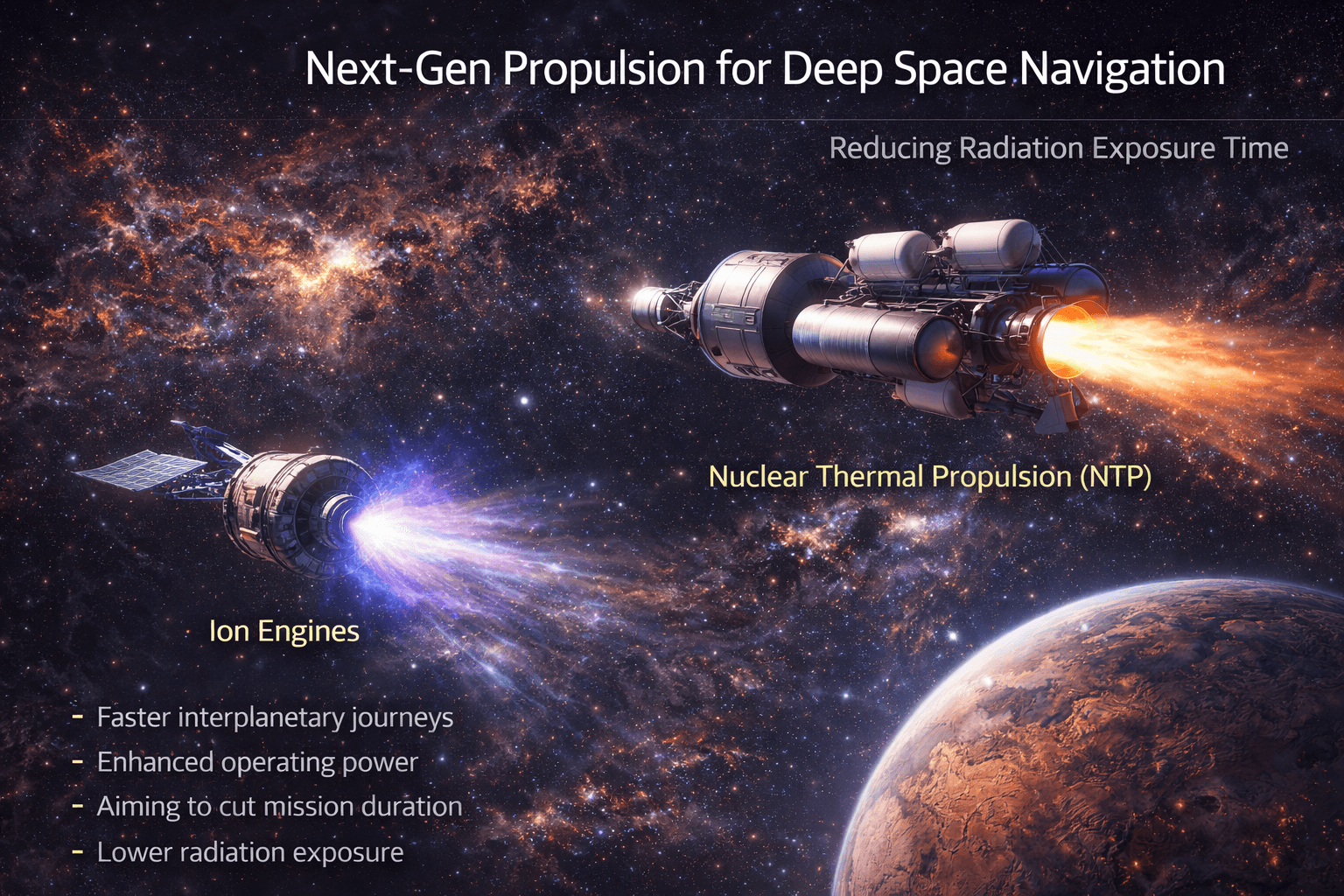 심우주 항행을 위한 차세대 추진 시스템: 이온 엔진에서 핵열추진(NTP)까지, 방사선 노출 시간을 줄이기 위한 기술적 해법