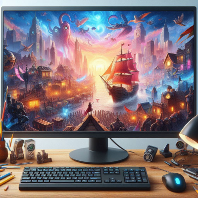 모니터 화면에 화려한 항구 도시와 해적선이 보이는 작업 공간.