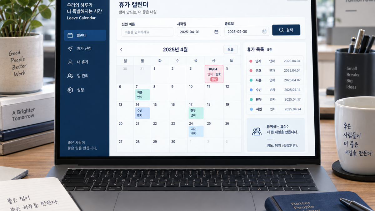 팀원 휴가 날짜 겹침을 보여주는 HTML 캘린더 예시 화면