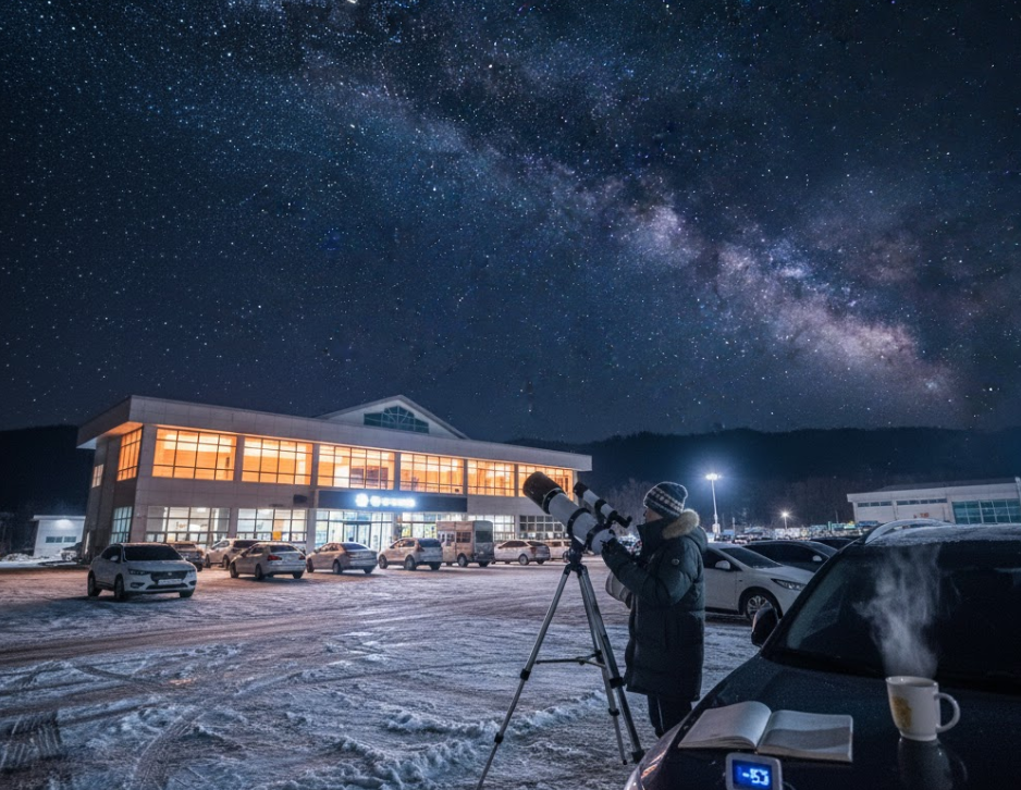 겨울철 고속도로 휴게소 야간 천체 관측 모습