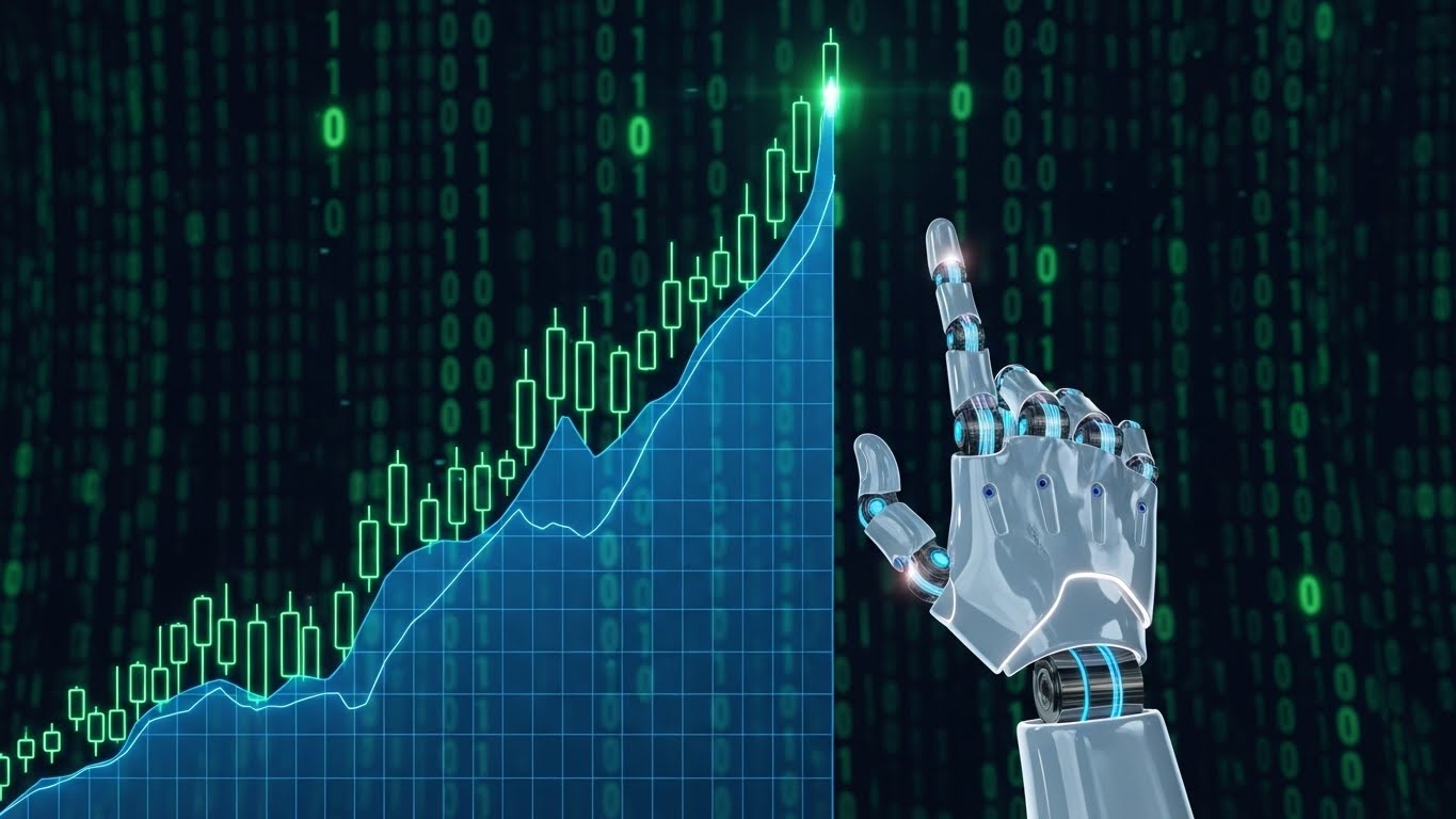 A digital stock market graph rising steeply with a robot hand pointing upwards, background of binary code, representing financial growth in tech