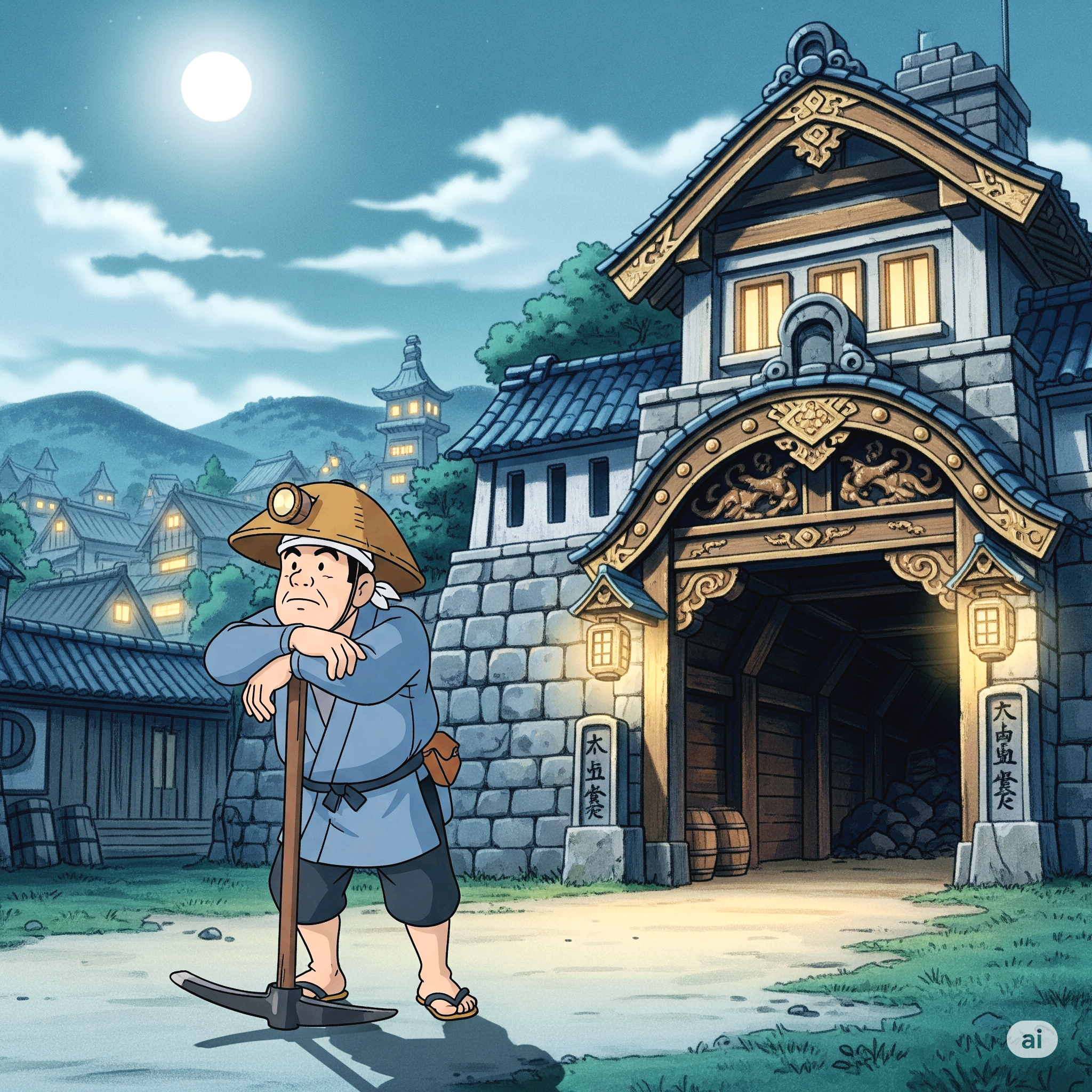 옛날 일본 탄광의 광부가 탄광 앞에 서 있는 그림