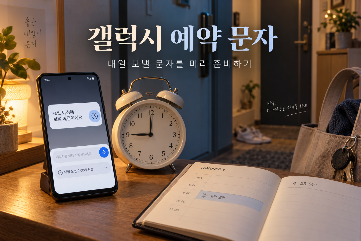휴대전화와 시계로 표현한 갤럭시 예약 문자 준비 장면