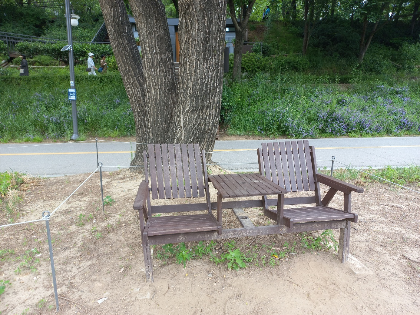 의자 두 개가 양재천을 바라보고 나란히 있는 사진