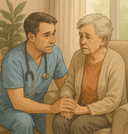 불안해 하는 노인을 돌봄 중인 모습