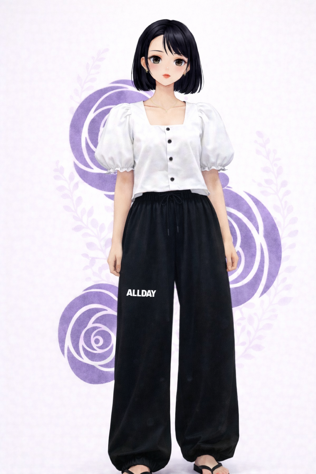 K-Fashion Puff Blouse With Training Pants And Feminine Casual Style