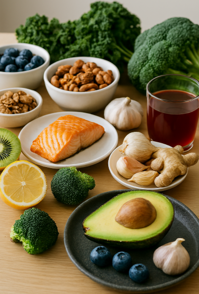 연어, 요거트, 블루베리, 생강, 브로콜리, 다크초콜릿, 견과류 등 면역 루틴에 핵심이 되는 식재료들이 식탁 위에 자연스럽게 배치되어 있는 사진
