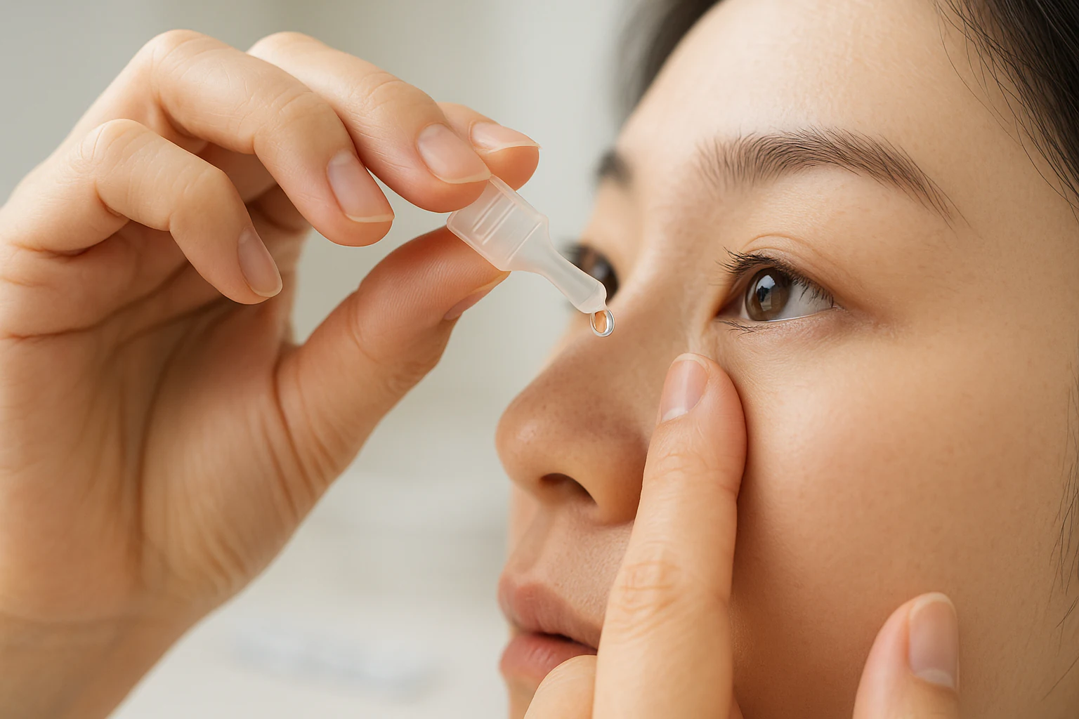 무방부제 일회용 인공눈물을 점안하는 한국인 여성의 손 클로즈업