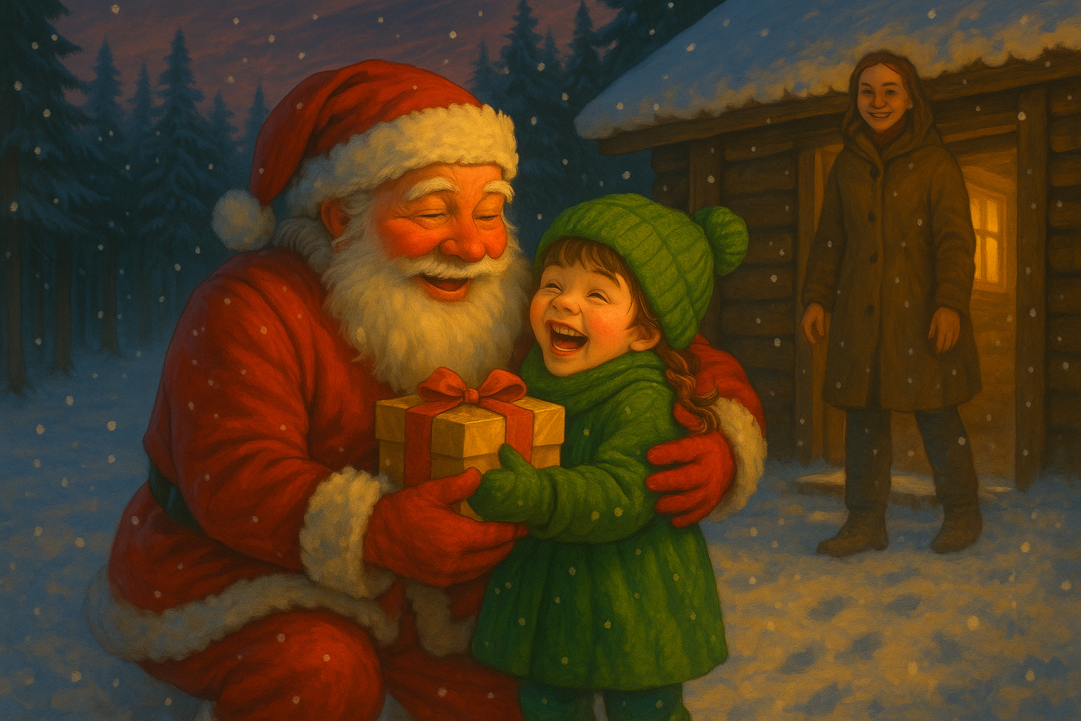 “산타가 아이를 안고 선물을 전하는 순간 – 숲속 오두막의 마법 같은 크리스마스”
