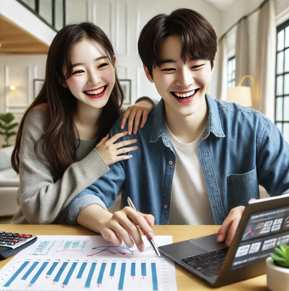 젊은 부부가 투자와 저축 계획을 논의하는 상황