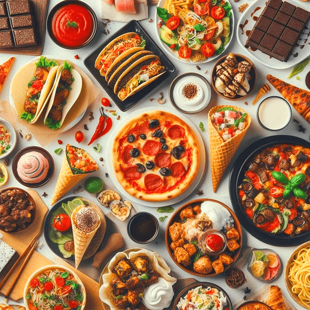 식탁에 푸짐한 음식들이 가득하다. 피자, 타코, 초콜릿, 아이스크림, 샐러트, 스파게티가 있다.