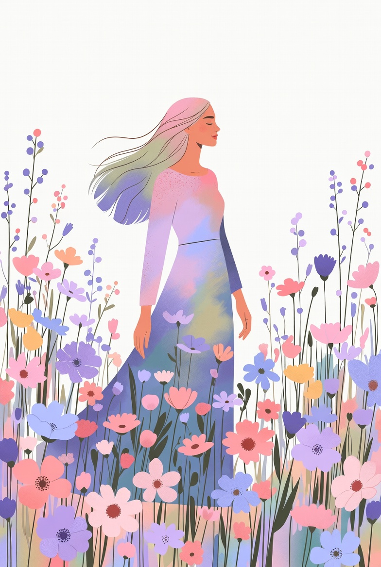 화사한 파스텔 톤 꽃밭 사이를 평온하게 걷고 있는 중년 여성의 일러스트. 갱년기라는 새로운 계절을 다정하게 맞이하는 모습을 상징합니다.