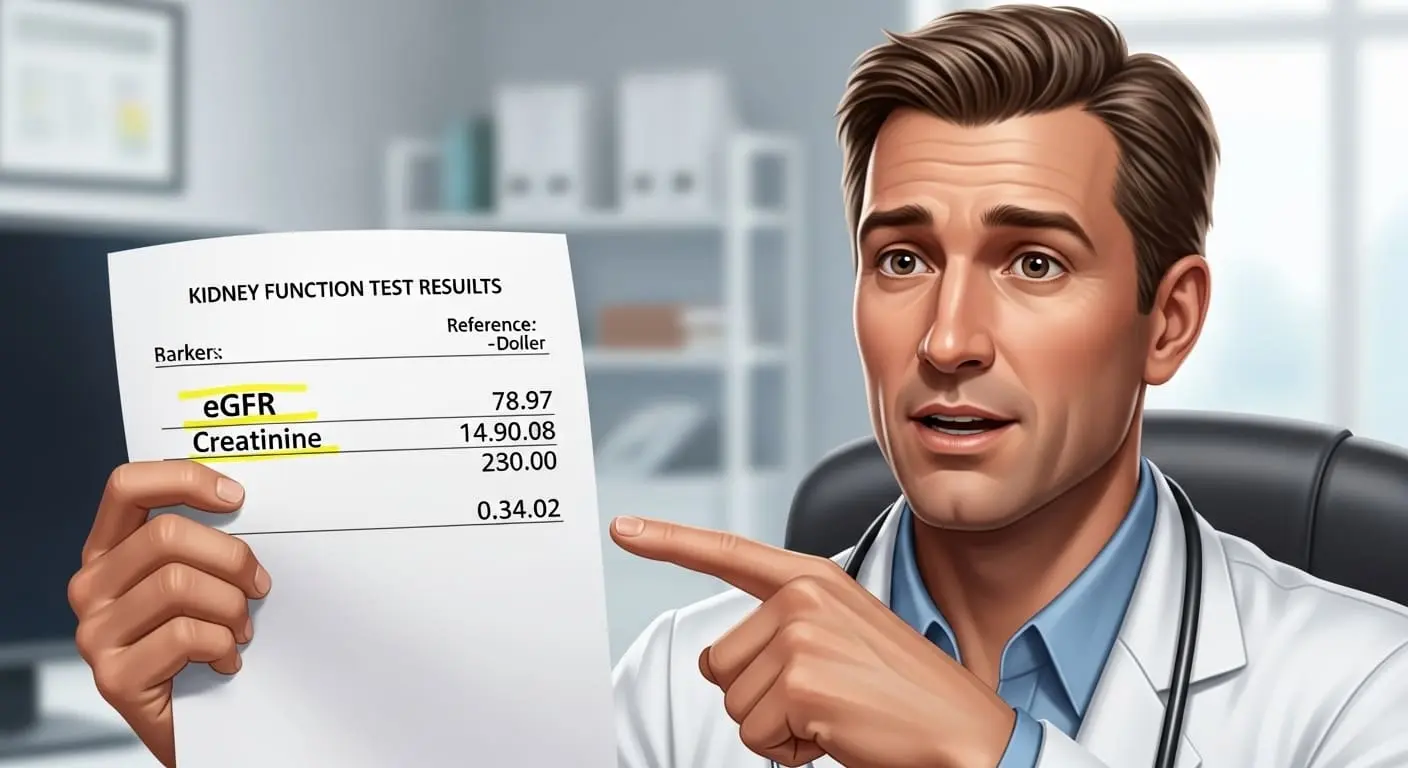 의사가 환자에게 eGFR 및 크레아티닌 수치가 적힌 신장 기능 검사 결과표를 설명하며 경각심을 주는 모습
