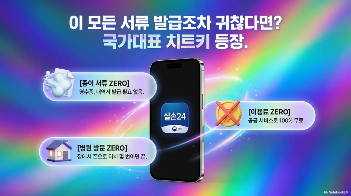 실손보험 청구서류: 실손24 앱의 종이 서류 ZERO와 이용료 ZERO 그리고 병원 방문 ZERO 세 가지 장점을 스마트폰 화면과 함께 소개하는 인포그래픽 이미지. 이 이미지는 실손24 간소화 청구 서비스의 편리함과 무료 이용을 시각적으로 전달하며&amp;#44; 블로그의 실손24 앱 활용법 가이드와 관련된 내용을 설명함
