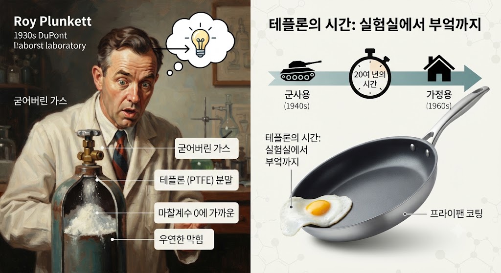 듀폰의 화학자 로이 플런킷은 어떻게 막혀버린 냉매 가스 실린더에서 프라이팬의 혁명, 테플론(PTFE)을 발견했을까요? 세렌디피티의 네 번째 조건, '시간'의 중요성을 조명합니다. 1938년 실험실의 우연한 막힘에서 시작된 발견이 20여 년의 인고 끝에 군사용 신소재를 넘어 일반 가정의 주방 프라이팬으로 정착하기까지, 발명과 상용화 사이의 긴 시간 격차와 그 경제학적 의미를 분석합니다.