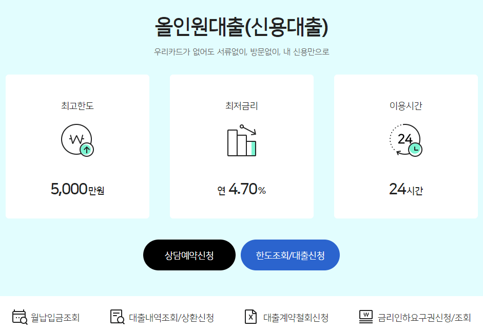 우리카드-올인원-대출-대상-금리-한도-확인