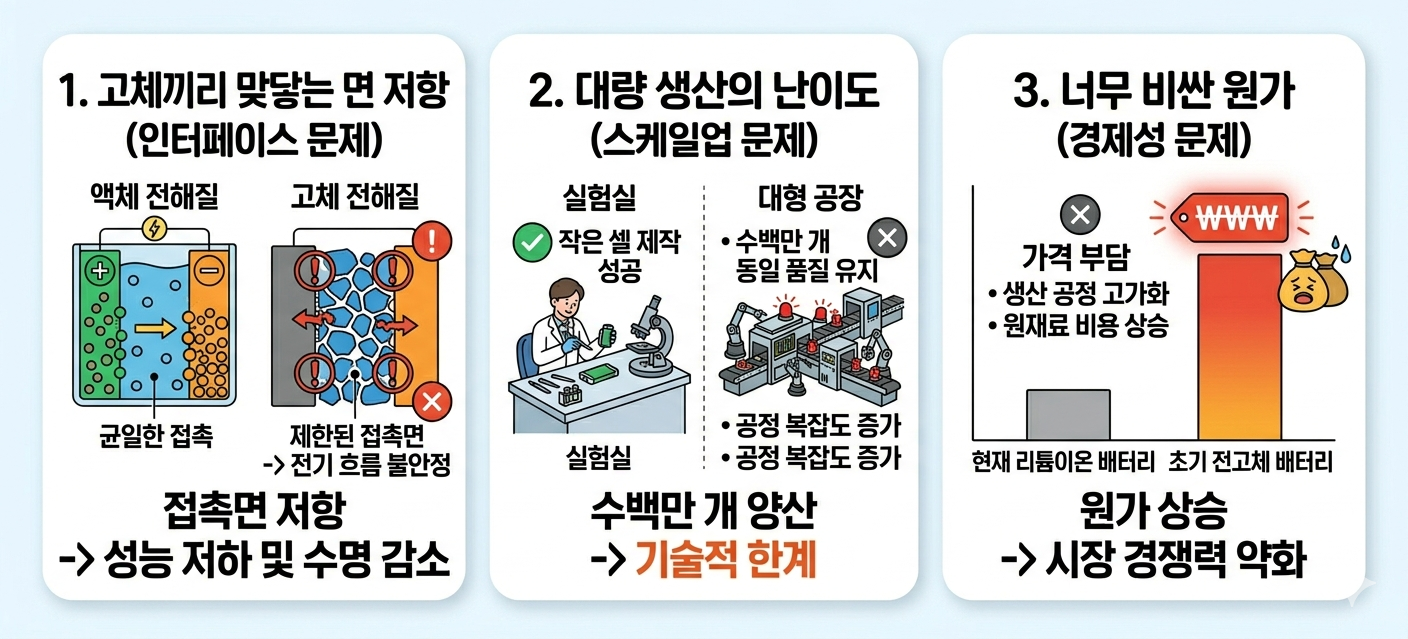 고체 배터리 왜 아직 안나왔는지 쉽게 설명하기 위한 인포그래픽