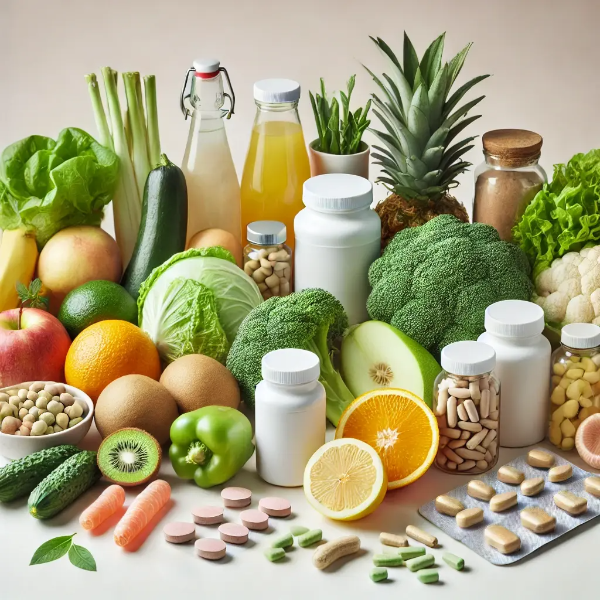 하얀 배경 위에 정리된 면역력 강화용 신선한 과일, 채소, 보조제들의 전문 스튜디오 촬영 사진