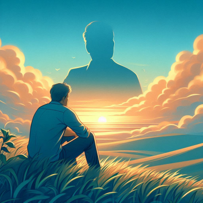 일몰을 바라보며 자신을 비추는 형체가 구름 속에 나타난 장면입니다.